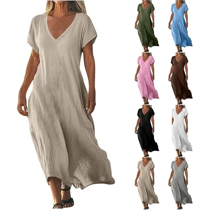 Women's Linen Cotton Maxi Dress Casual V Neck Short Sleeve Loose Long Dress Summer Solid Color Plus Size Beach Sundress
Women's Linen Cotton Maxi Dress Casual V Neck Short Sleeve Loose Long Dress Summer Solid Color Plus Size Beach Sundress