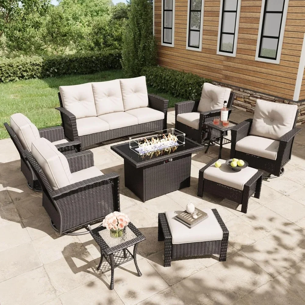 10 Piece Wicker Patio Furniture Set with Fire Pit Table, Outdoor Conversation 360 Degree Swivel Chairs Set with Coffee Table
10 Piece Wicker Patio Furniture Set with Fire Pit Table, Outdoor Conversation 360 Degree Swivel Chairs Set with Coffee Table