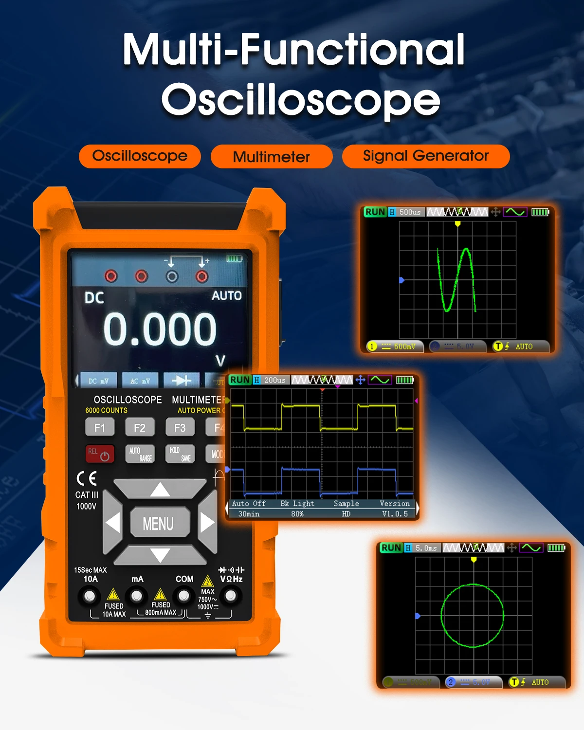 Portable 3 in 1 Oscilloscope Multimeter Signal Generator 50MHz 280MSa/s Dual Channel True RMS Tester USB-C Rechargeable
Portable 3 in 1 Oscilloscope Multimeter Signal Generator 50MHz 280MSa/s Dual Channel True RMS Tester USB-C Rechargeable
