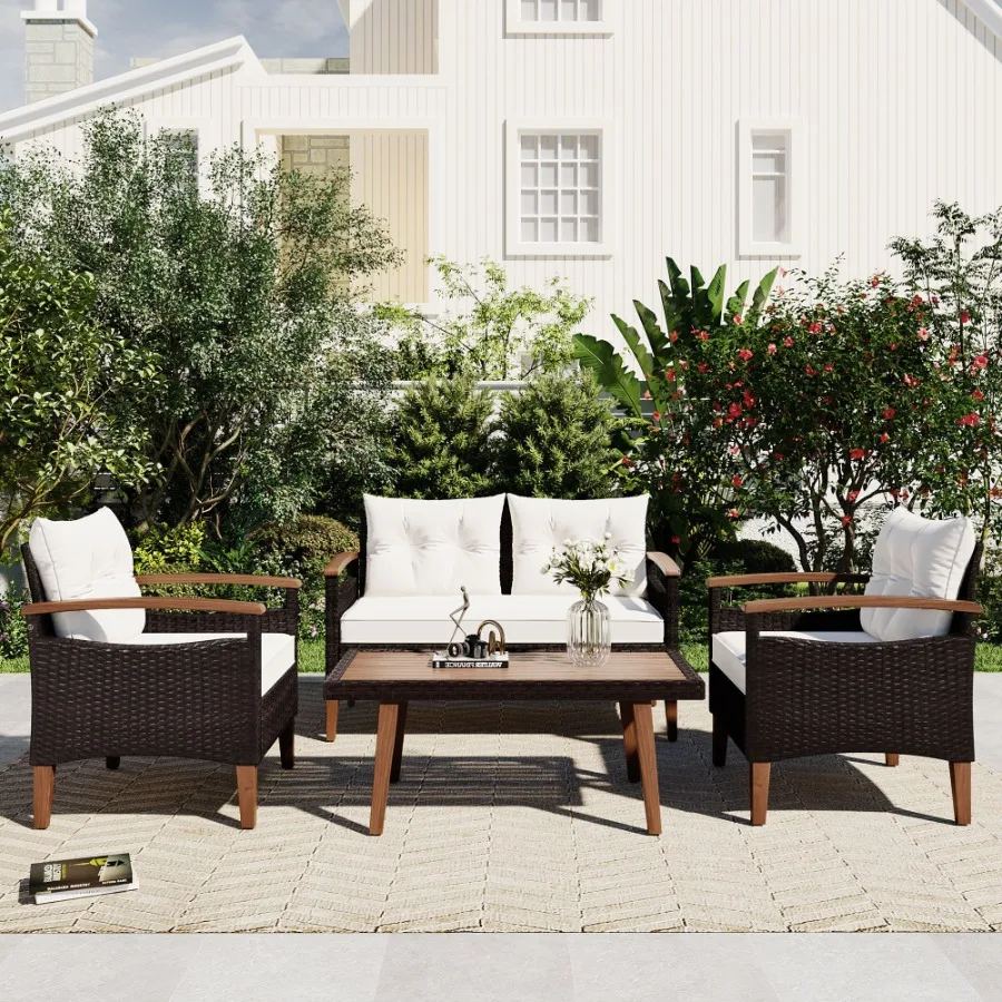 GO 4Piece Garden Furniture Patio Seating Set PE Rattan Outdoor Sofa Set Wood Table and Legs Brown and Beige
GO 4Piece Garden Furniture Patio Seating Set PE Rattan Outdoor Sofa Set Wood Table and Legs Brown and Beige