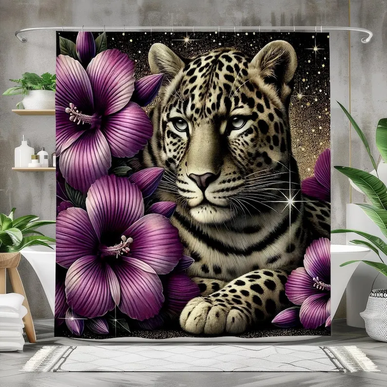 Leopard Shower Curtain with Purple Flowers, Glam Jungle Animal Bathroom Decor, Sparkling Gold Background, Polyester Curtain
Leopard Shower Curtain with Purple Flowers, Glam Jungle Animal Bathroom Decor, Sparkling Gold Background, Polyester Curtain