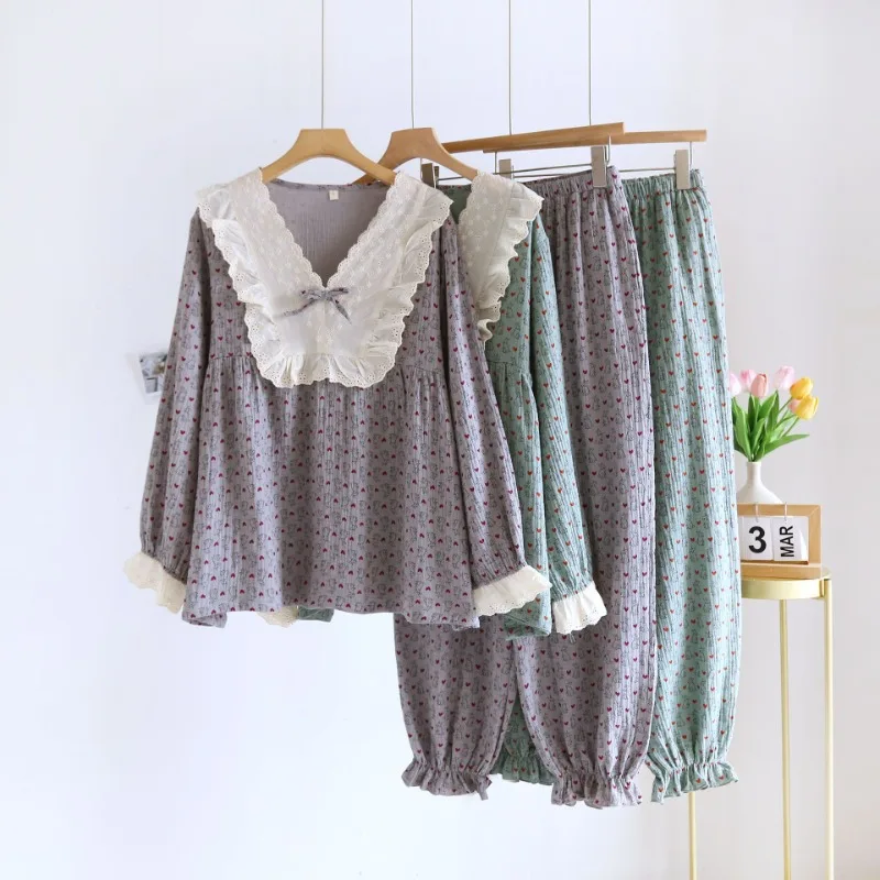 2024 Lace Collar Pullover Pajamas for Women's Long Sleeves Trousers Home Clothing Double Layered Cotton Yarn Sexy Sleepwear
2024 Lace Collar Pullover Pajamas for Women's Long Sleeves Trousers Home Clothing Double Layered Cotton Yarn Sexy Sleepwear