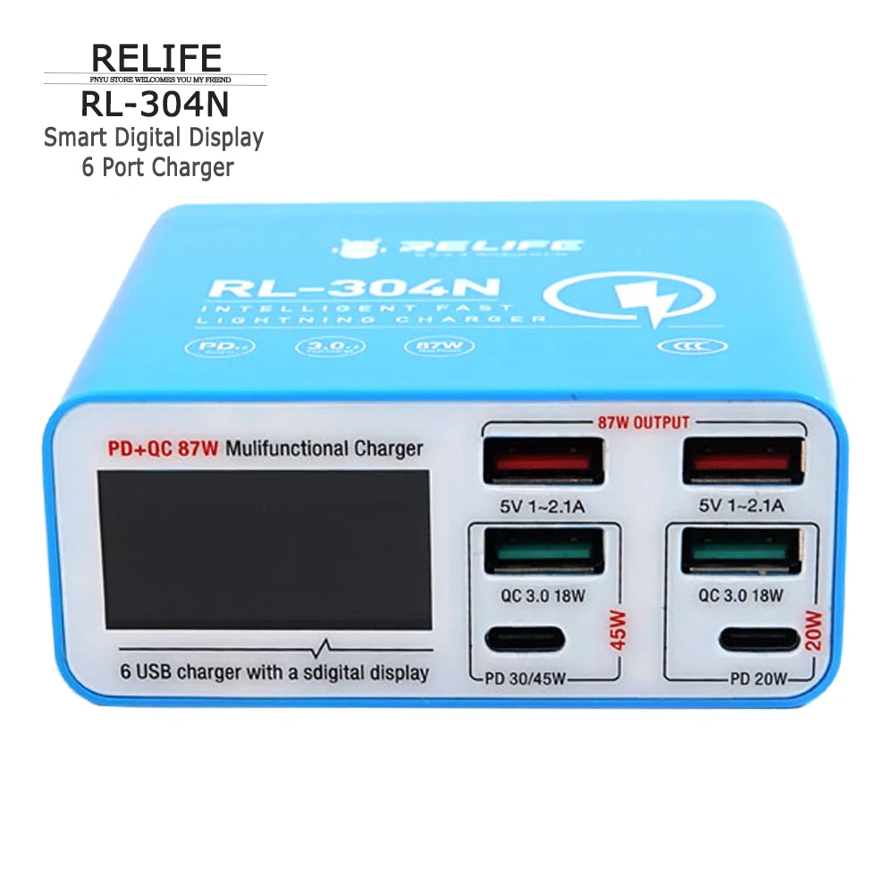 Fast Charger RELIFE RL-304N 87W LCD for Mobile Phone Computer Watch Ipad Mobile Mini Charge Smart Digital Display 6 Port Charger
Fast Charger RELIFE RL-304N 87W LCD for Mobile Phone Computer Watch Ipad Mobile Mini Charge Smart Digital Display 6 Port Charger