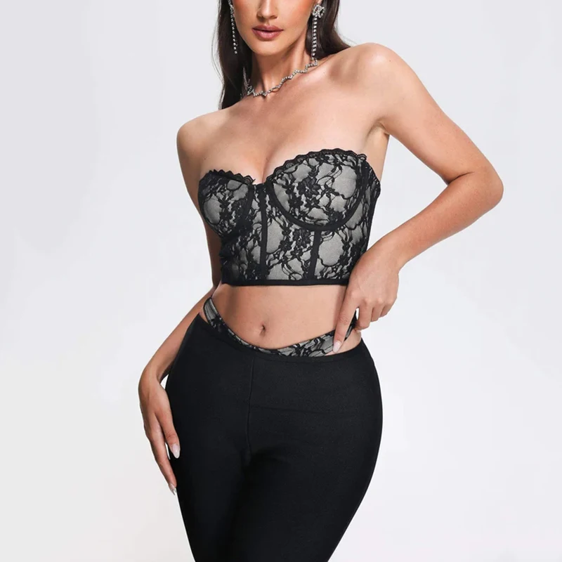 Sexy Lace Women Bandage Two Pieces Set Summer 2023 New Strapless Crop Top And Long Pants Suit Elegant Slim Trouser Sets BA356
Sexy Lace Women Bandage Two Pieces Set Summer 2023 New Strapless Crop Top And Long Pants Suit Elegant Slim Trouser Sets BA356