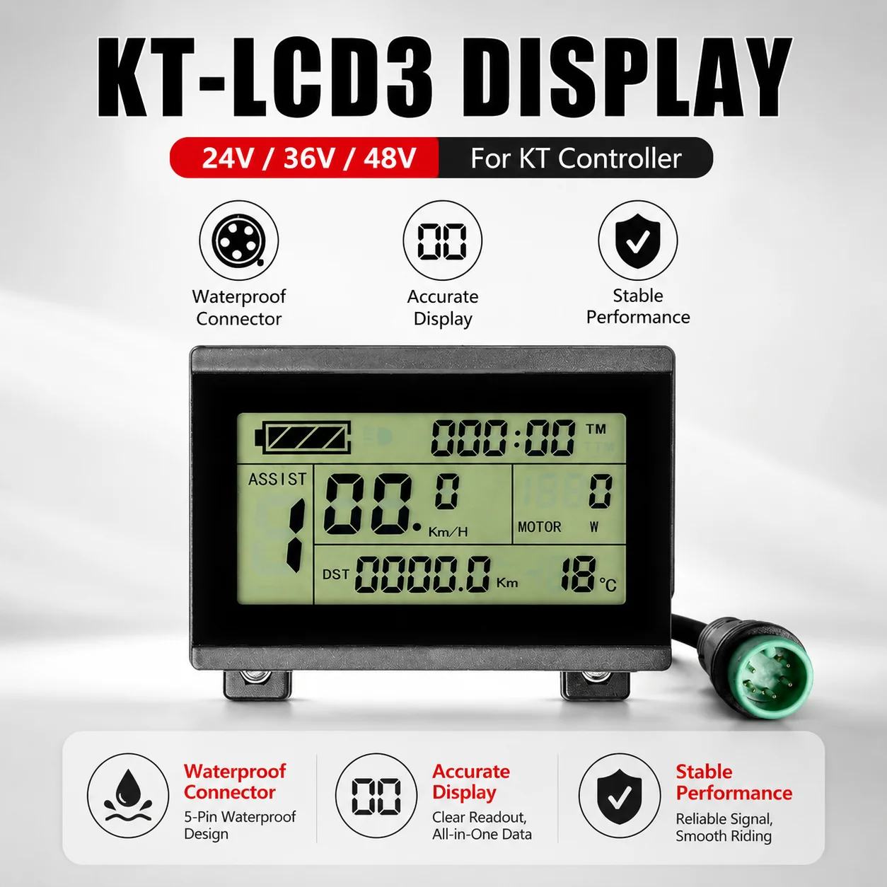 KT-LCD3 E-Bike LCD Display 24V 36V 48V Waterproof Connector for KT Controller Electric Bicycle Repair Parts
KT-LCD3 E-Bike LCD Display 24V 36V 48V Waterproof Connector for KT Controller Electric Bicycle Repair Parts
