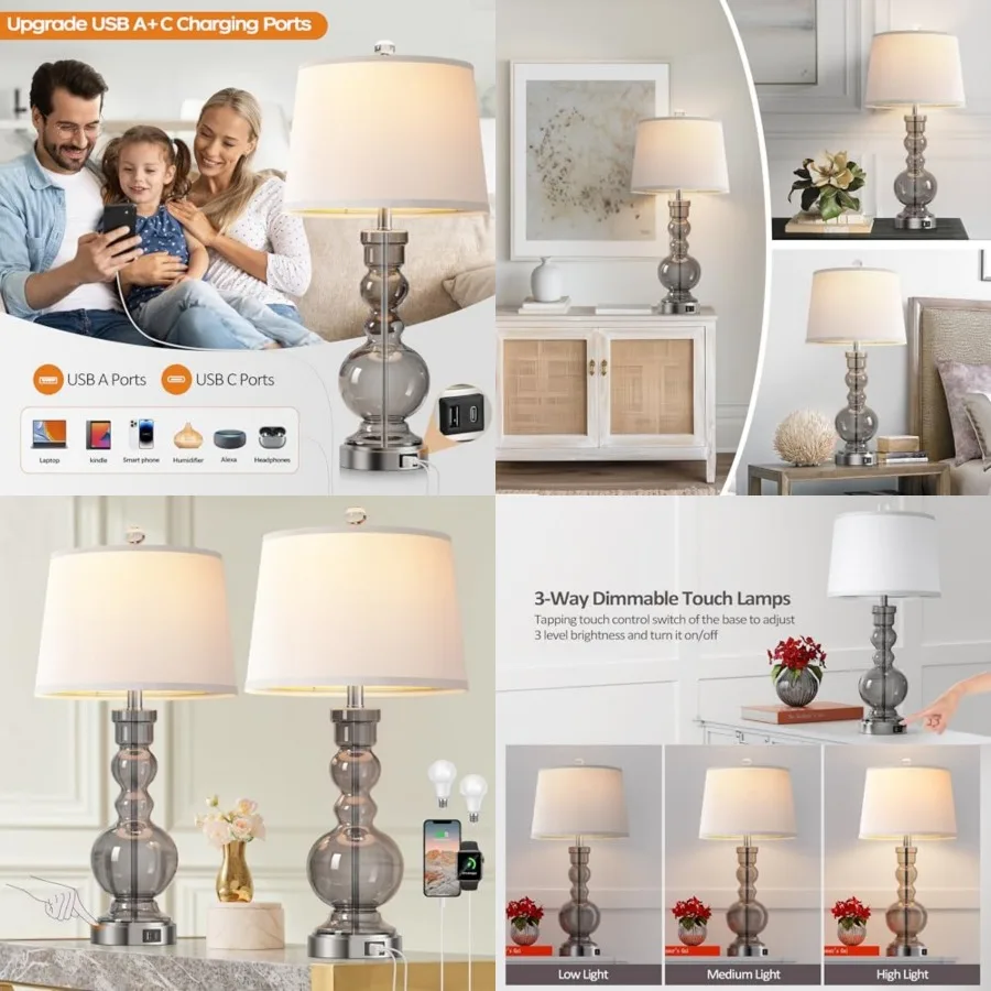 3-Way Dimmable Touch Control Grey Glass Table Lamps Set of 2 with USB A+C for Modern Comtemporary Bedroom Nightstand Living Roo
3-Way Dimmable Touch Control Grey Glass Table Lamps Set of 2 with USB A+C for Modern Comtemporary Bedroom Nightstand Living Roo