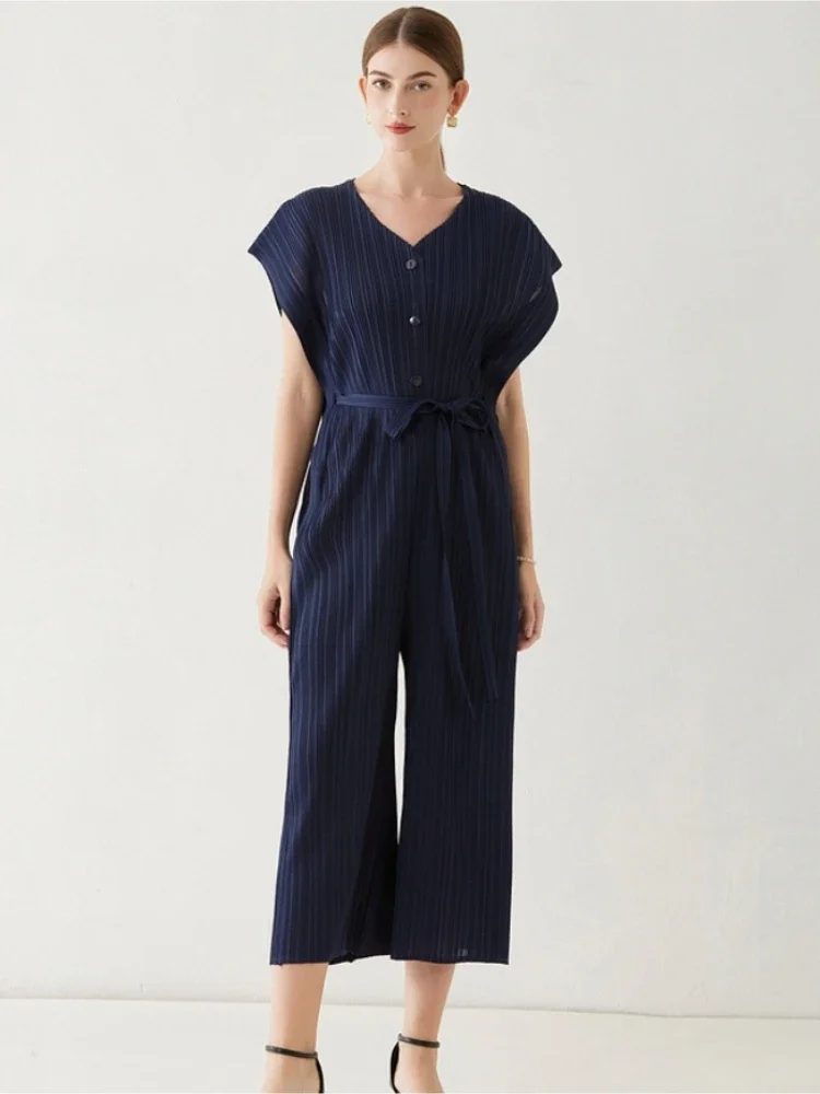 Miyake Pleated Summer V-neck Jumpsuit for Women Casual Short Sleeve Lace-up Wide Leg Rompers Solid Stretch Overalls Playsuit
Miyake Pleated Summer V-neck Jumpsuit for Women Casual Short Sleeve Lace-up Wide Leg Rompers Solid Stretch Overalls Playsuit