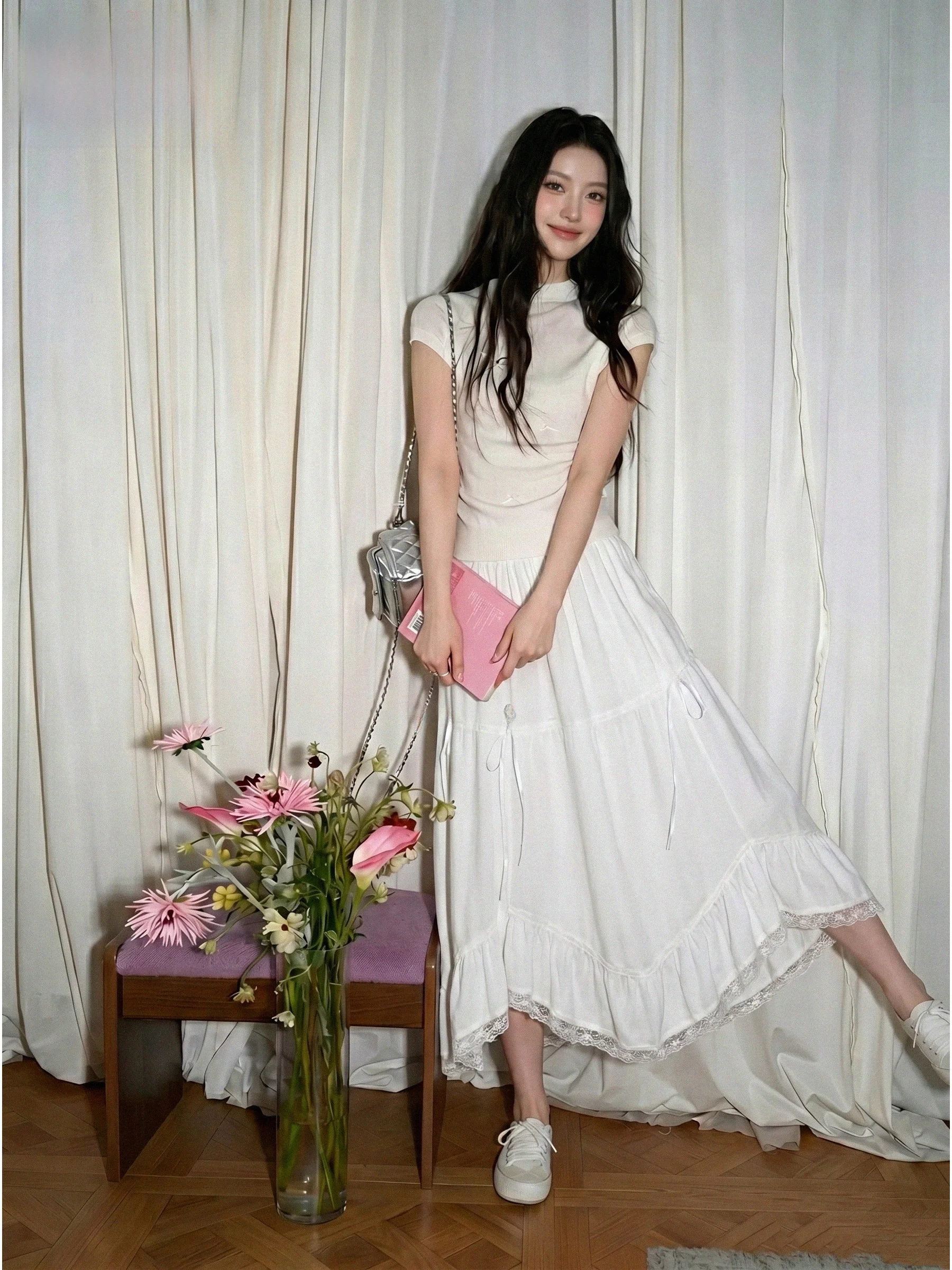 White Asymmetrical Knot Design Half Skirt Women's A-Line Long Skirt Lace Splicing Summer New Style Casual High Waist
White Asymmetrical Knot Design Half Skirt Women's A-Line Long Skirt Lace Splicing Summer New Style Casual High Waist