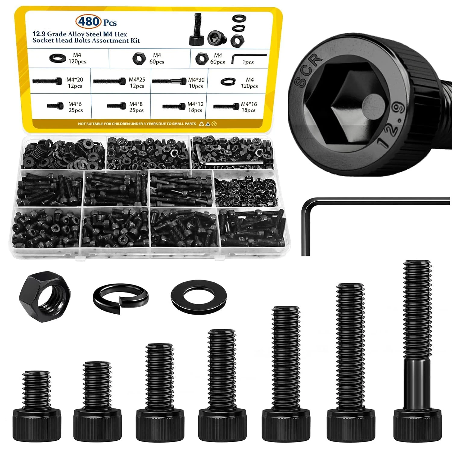 480 pieces of M4x6/8/12/16/20/30 mm hexagonal head flat head bolts, nuts and washers, 12.9 grade alloy steel, black color
480 pieces of M4x6/8/12/16/20/30 mm hexagonal head flat head bolts, nuts and washers, 12.9 grade alloy steel, black color