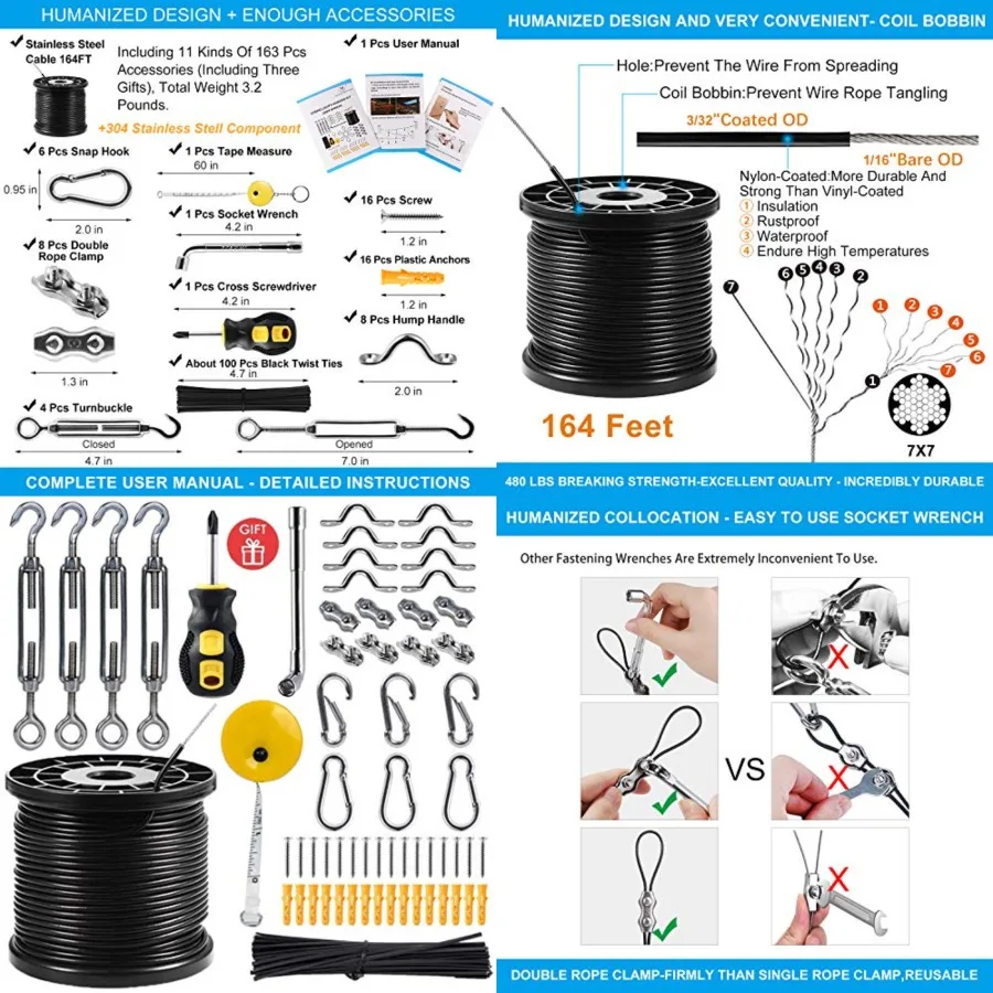 String Light Hanging Kit, Guide Wire for Outdoor String Lights, Shade sail Hardware kit, with 64 Ft Nylon Coated Stainless Stee
String Light Hanging Kit, Guide Wire for Outdoor String Lights, Shade sail Hardware kit, with 64 Ft Nylon Coated Stainless Stee