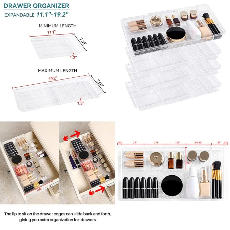 Expandable Drawer Organizer 11.1” to 19.2” Width, Shallow Cosmetic Organizer 1.3” Height, 4 Packs, Clear Plastic Storage Trays for Dressing Table,Bathroom
Expandable Drawer Organizer 11.1” to 19.2” Width, Shallow Cosmetic Organizer 1.3” Height, 4 Packs, Clear Plastic Storage Trays for Dressing Table,Bathroom
