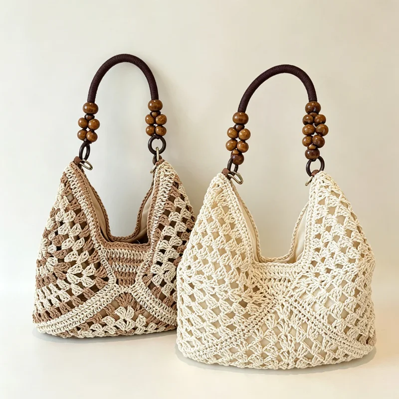Hollow Out Crochet Shoulder Bag Women's Bohemian Summer Handbag Beach Vacation Bucket Bag Wooden Bead Decor Handle Woven Bag
Hollow Out Crochet Shoulder Bag Women's Bohemian Summer Handbag Beach Vacation Bucket Bag Wooden Bead Decor Handle Woven Bag