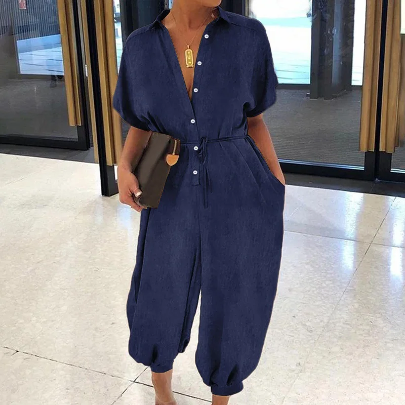 Summer Fashion V-Neck Button Lace-Up Jumpsuit Short Sleeve Loose Playsuit Overalls Women Elegant Pocket Rompers 2025
Summer Fashion V-Neck Button Lace-Up Jumpsuit Short Sleeve Loose Playsuit Overalls Women Elegant Pocket Rompers 2025