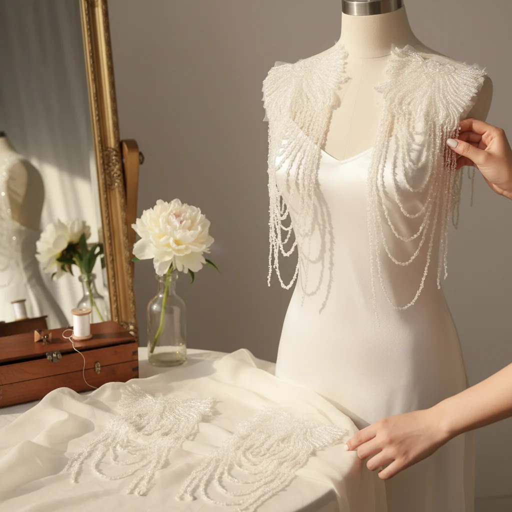Embroidered Shoulder Patches for Wedding Dress with Crystal Beads and Fringe Design Vintage DIY Appliques for Evening Gowns
Embroidered Shoulder Patches for Wedding Dress with Crystal Beads and Fringe Design Vintage DIY Appliques for Evening Gowns
