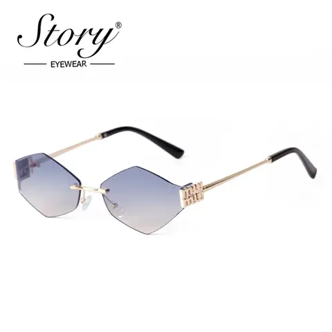 STORY Fashion Hexagon Rimless Sunglasses for Women Men Luxury Brand Designer Trendy Blue Lens Metal Frameless Sun Glasses S8066A