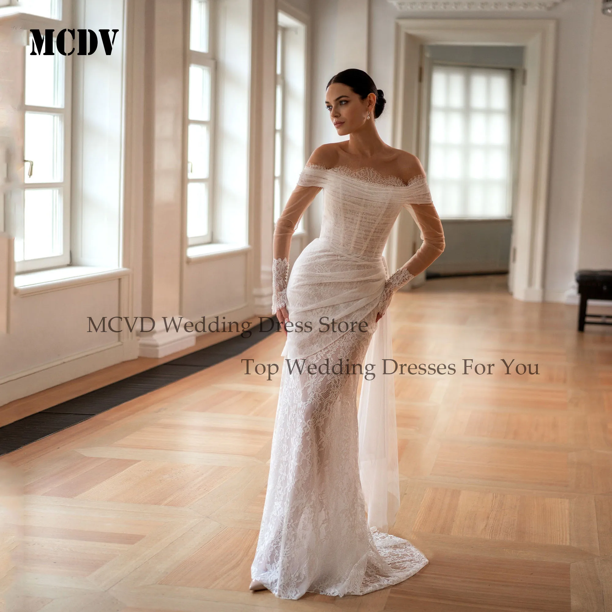 MCDV Lace Mermaid Bride Gowns Full Sleeve Strapless Applique Off Shoulder Wedding Dresses 2025 vestido de novia Customized
MCDV Lace Mermaid Bride Gowns Full Sleeve Strapless Applique Off Shoulder Wedding Dresses 2025 vestido de novia Customized