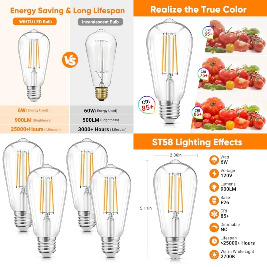 LED Filament Light Bulbs, Bright Vintage 6W LED Edison Bulbs, St58 Light Bulbs with CRI 85+, E26 Standard Base, 900LUM, Non-Dim
LED Filament Light Bulbs, Bright Vintage 6W LED Edison Bulbs, St58 Light Bulbs with CRI 85+, E26 Standard Base, 900LUM, Non-Dim