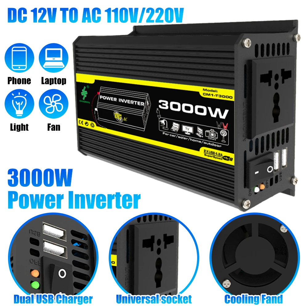 3000W DC12V to AC110/220V Car Inverter Dual USB Socket Adapter Intelligent Power Converter Car Voltage Transformer for Caravan
3000W DC12V to AC110/220V Car Inverter Dual USB Socket Adapter Intelligent Power Converter Car Voltage Transformer for Caravan