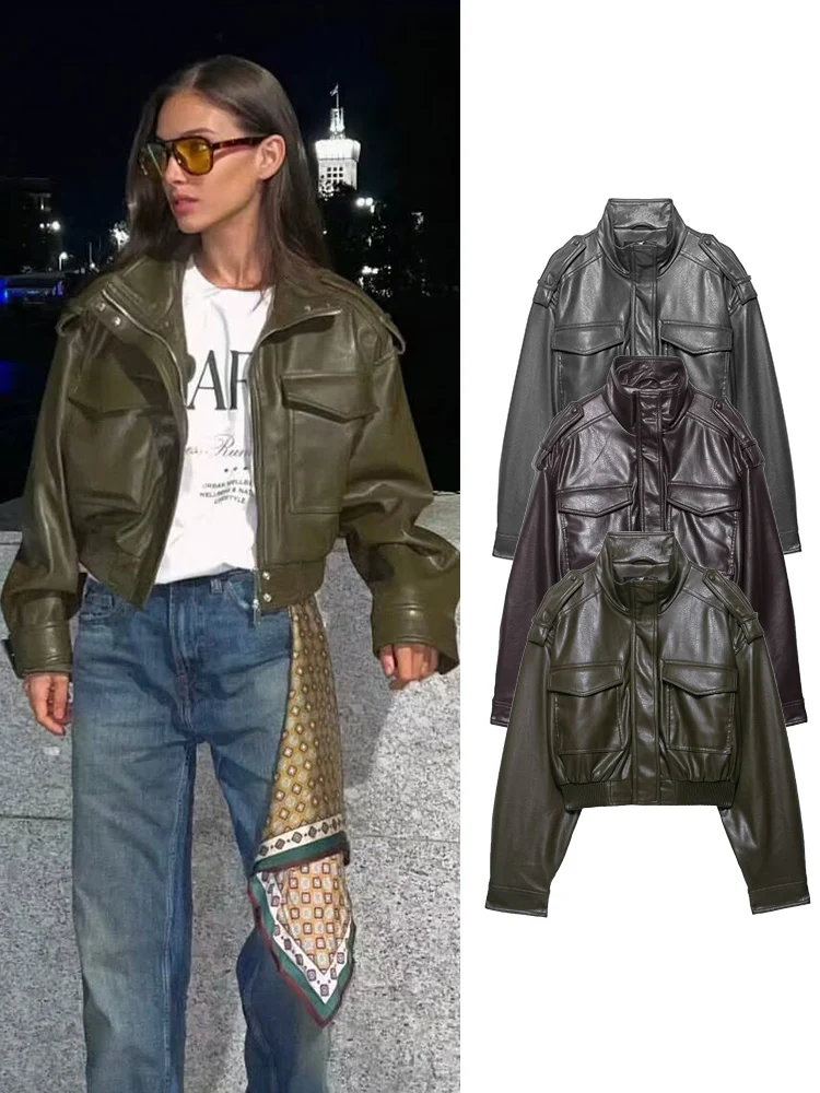 2025 Women's Faux Leather Effect Short Jacket Vintage Stand Collar Long Sleeve With Shoulder Straps Pockets Casual Streetwear
2025 Women's Faux Leather Effect Short Jacket Vintage Stand Collar Long Sleeve With Shoulder Straps Pockets Casual Streetwear