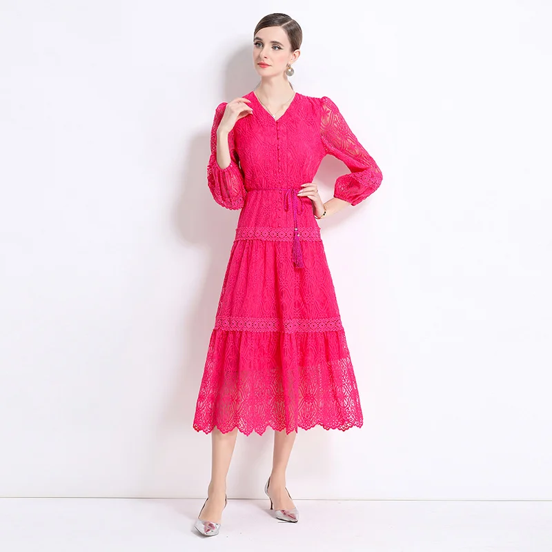 Elegant Lace V-neck Lantern Sleeve Dress Women's Single Button Slimming Skirt Long Dress Polished Sensation Name Lady
Elegant Lace V-neck Lantern Sleeve Dress Women's Single Button Slimming Skirt Long Dress Polished Sensation Name Lady