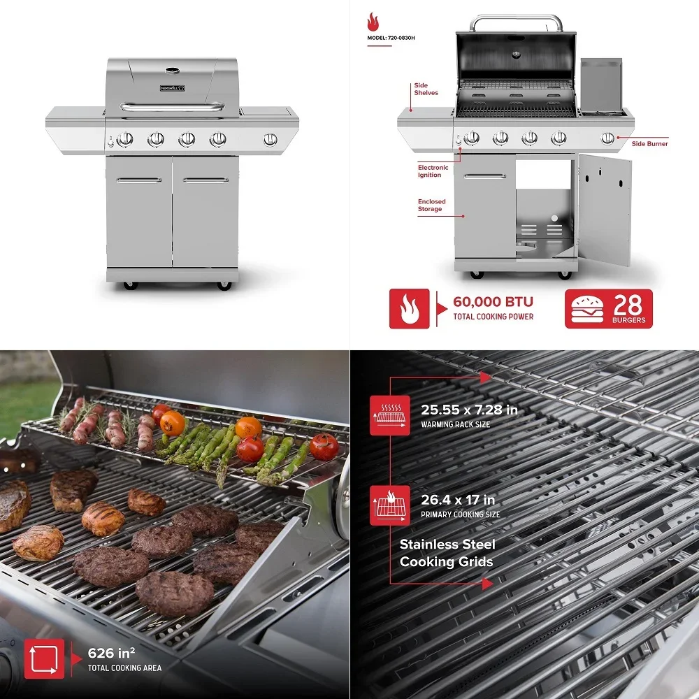 4Burner Propane Gas Grill in Stainless Steel with Side Burner, 60000BTUs, 626 sq. in. Cooking Space, Perfect for Outdoor Cookin
4Burner Propane Gas Grill in Stainless Steel with Side Burner, 60000BTUs, 626 sq. in. Cooking Space, Perfect for Outdoor Cookin