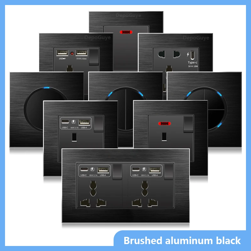 Black Universal USB Type-C 18W Fast Charge Wall Power Socket,UK 13A Electrical Outlet Wire-drawing aluminum Light Switch Panel
Black Universal USB Type-C 18W Fast Charge Wall Power Socket,UK 13A Electrical Outlet Wire-drawing aluminum Light Switch Panel