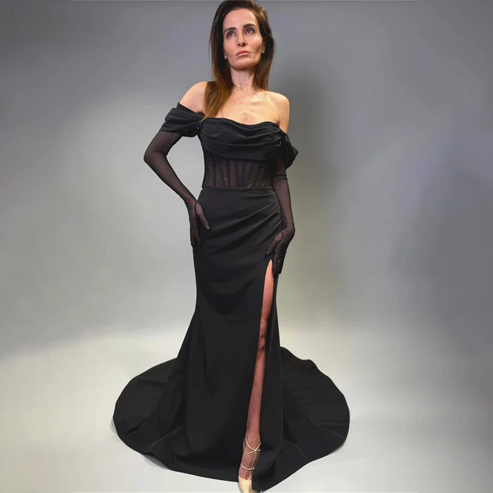 Black off The Shoulder Pleat Sweethart Sheath/Mermaid Wedding Dresses Side Slit Custom Made Bridal Grown With No Floves
Black off The Shoulder Pleat Sweethart Sheath/Mermaid Wedding Dresses Side Slit Custom Made Bridal Grown With No Floves