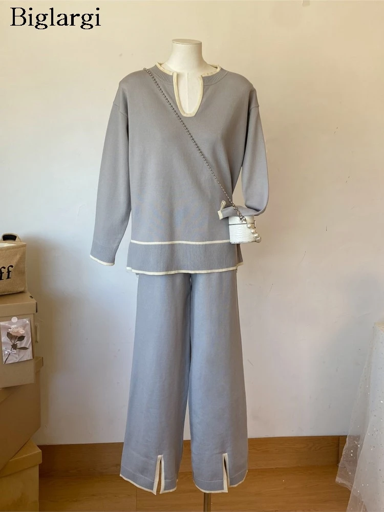 Женский трикотажный комплект из 2 предметов, Повседневный свитер с длинным рукавом и широкие брюки с разрезом, корейский стиль, осень
Женский трикотажный комплект из 2 предметов, Повседневный свитер с длинным рукавом и широкие брюки с разрезом, корейский стиль, осень
