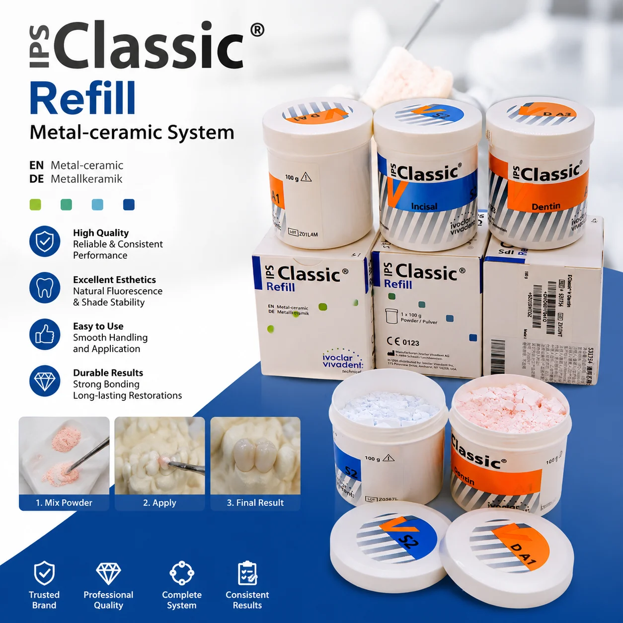 Ivoclar IPS Classic V Porcelain Powder 100g, Dentin/Transparent/Incisal for Crown/Veneer/Bridge Dental Lab
Ivoclar IPS Classic V Porcelain Powder 100g, Dentin/Transparent/Incisal for Crown/Veneer/Bridge Dental Lab