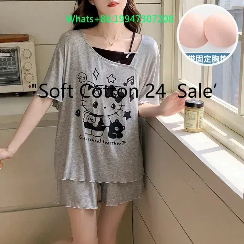Summer new gray round neck with chest pad cute cartoon Hello Kitty pajamas women's short-sleeved shorts loungewear set
Summer new gray round neck with chest pad cute cartoon Hello Kitty pajamas women's short-sleeved shorts loungewear set