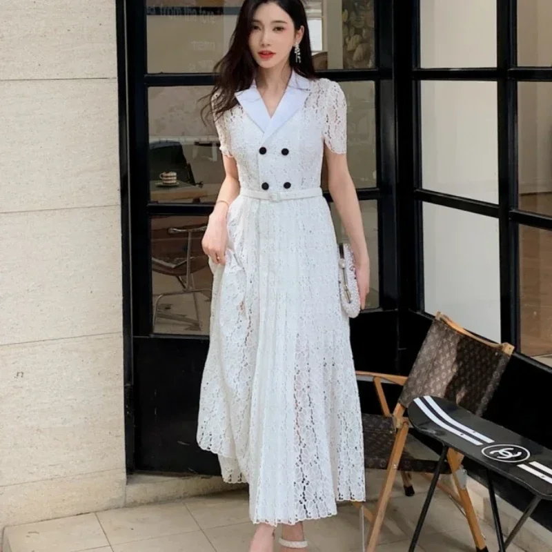 Women White Lace Chiffon Dress Hollow Lapel Short Sleeves Birthday Party Elegant Ladies Robe
Women White Lace Chiffon Dress Hollow Lapel Short Sleeves Birthday Party Elegant Ladies Robe