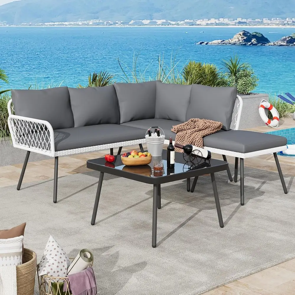 L-shaped Wicker Outdoor urniture Set, 4-Piece Patio Sectional Soa with Handmade Rattan and Metal e, Contion Couch Set with Coee
L-shaped Wicker Outdoor urniture Set, 4-Piece Patio Sectional Soa with Handmade Rattan and Metal e, Contion Couch Set with Coee