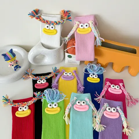 Woman Mid Length Kawaii Cartoon Colorful Sock Girl Big Mouth Braids Funny Cotton Long Socks Female Cute Over Knee High Stockings