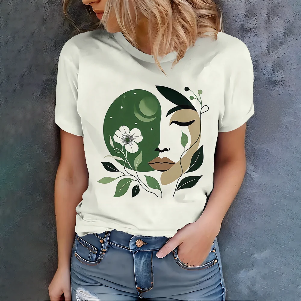 Minimalist art style white base green plant face print peaceful atmosphere casual summer women's short sleeved T-shirt
Minimalist art style white base green plant face print peaceful atmosphere casual summer women's short sleeved T-shirt