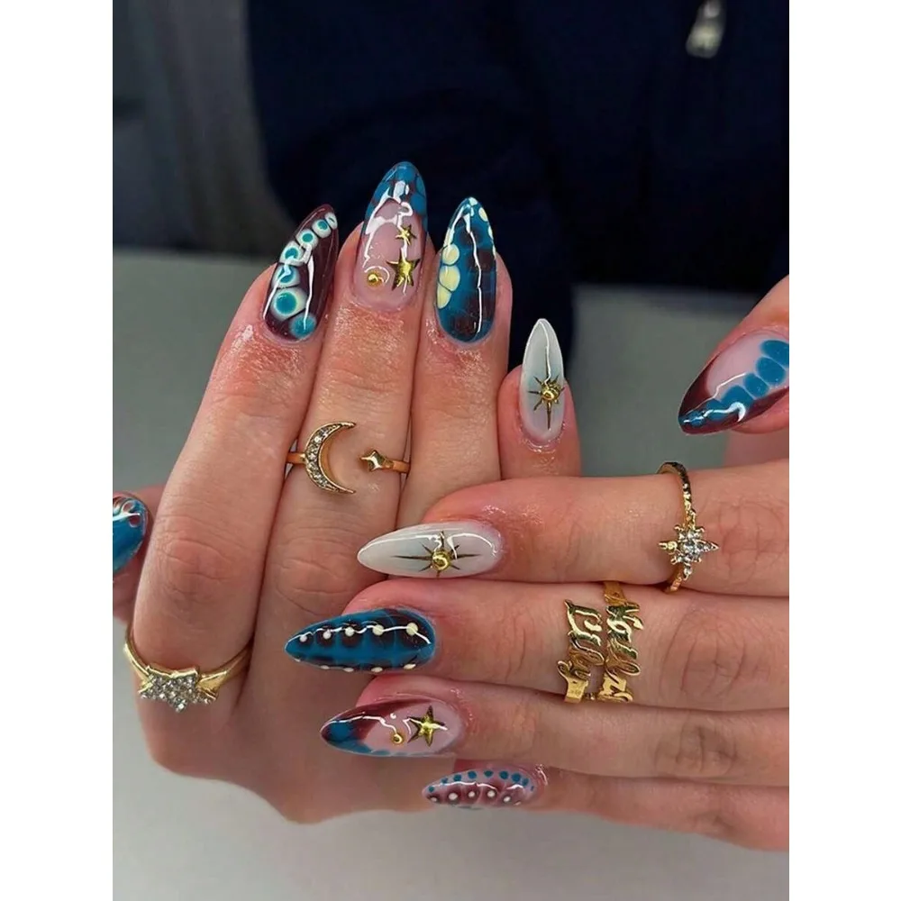 24-Pcs Almond-Shaped Acrylic Nail Art Gift Box, Autumn/Winter Dreamy Starry Sky Crocodile Pattern, Light Blue Gradient Starburst, Gold Star And Moon, Y2K Style, Suitable For Girls' Daily Dates, Parties, Outings, And Other Occasions.Includes 1 Piece Of Jel
24-Pcs Almond-Shaped Acrylic Nail Art Gift Box, Autumn/Winter Dreamy Starry Sky Crocodile Pattern, Light Blue Gradient Starburst, Gold Star And Moon, Y2K Style, Suitable For Girls' Daily Dates, Parties, Outings, And Other Occasions.Includes 1 Piece Of Jel