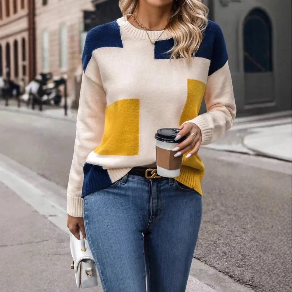 Women Ladies Clothes Round Neck Color-blocked Fashionable Autumn Winter Long-sleeved Versatile Knitted Sweater Maglione Da Donna
Women Ladies Clothes Round Neck Color-blocked Fashionable Autumn Winter Long-sleeved Versatile Knitted Sweater Maglione Da Donna