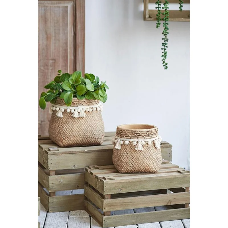 Set of 2 Brown Cement Planters 6.5x6.5x6 inches with Woven Tassel Detail
Set of 2 Brown Cement Planters 6.5x6.5x6 inches with Woven Tassel Detail