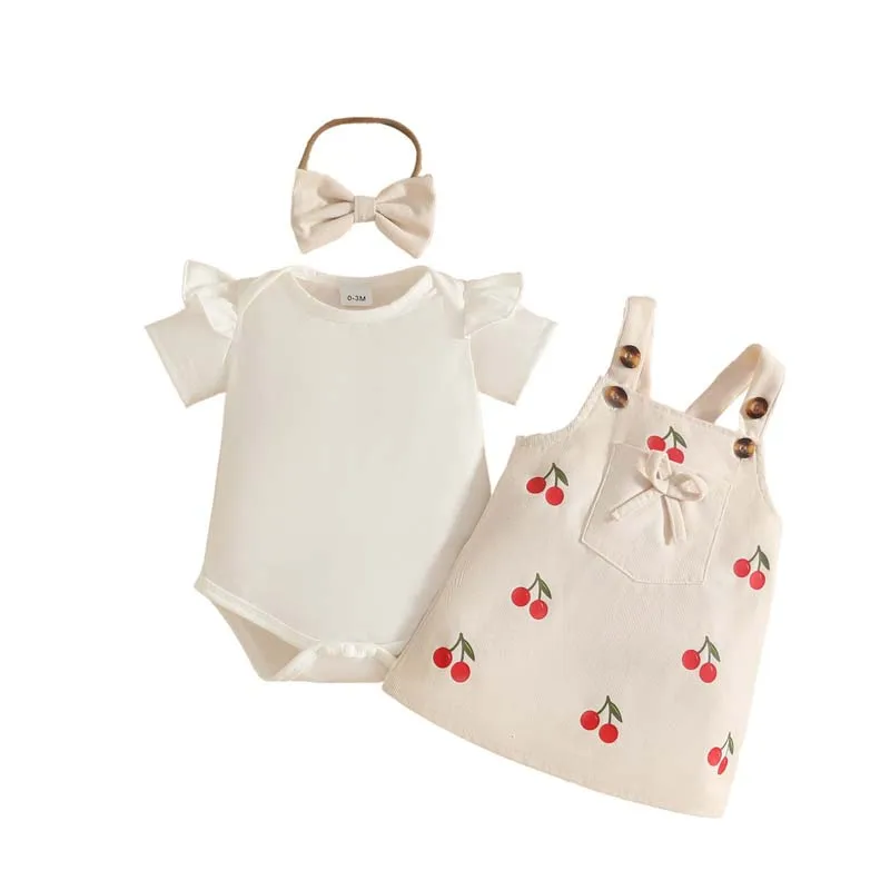 Baby Girl 3Pcs Outfit Ruffle Sleeve Bodysuit Cherry Embroidery Overall Dress Bow Headband Summer Newborn Clothes Set
Baby Girl 3Pcs Outfit Ruffle Sleeve Bodysuit Cherry Embroidery Overall Dress Bow Headband Summer Newborn Clothes Set