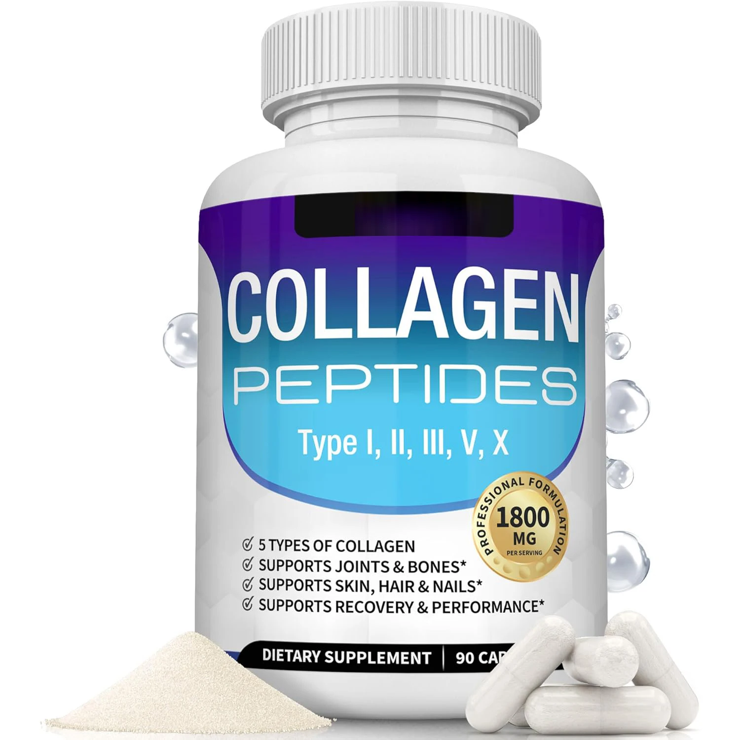 Multi Collagen Peptides Capsules 1800mg Type I,II,III,V,X Hydrolyzed Protein Collagen Complex for Skin, Hair, Nails, Joint
Multi Collagen Peptides Capsules 1800mg Type I,II,III,V,X Hydrolyzed Protein Collagen Complex for Skin, Hair, Nails, Joint
