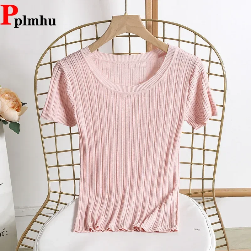 Женский повседневный трикотаж с короткими рукавами Camisetas Korean Ice Slik, тонкий пуловер, футболки, топы, новая летняя тонкая трикотажная укороченная футболка с круглым вырезом
Женский повседневный трикотаж с короткими рукавами Camisetas Korean Ice Slik, тонкий пуловер, футболки, топы, новая летняя тонкая трикотажная укороченная футболка с круглым вырезом