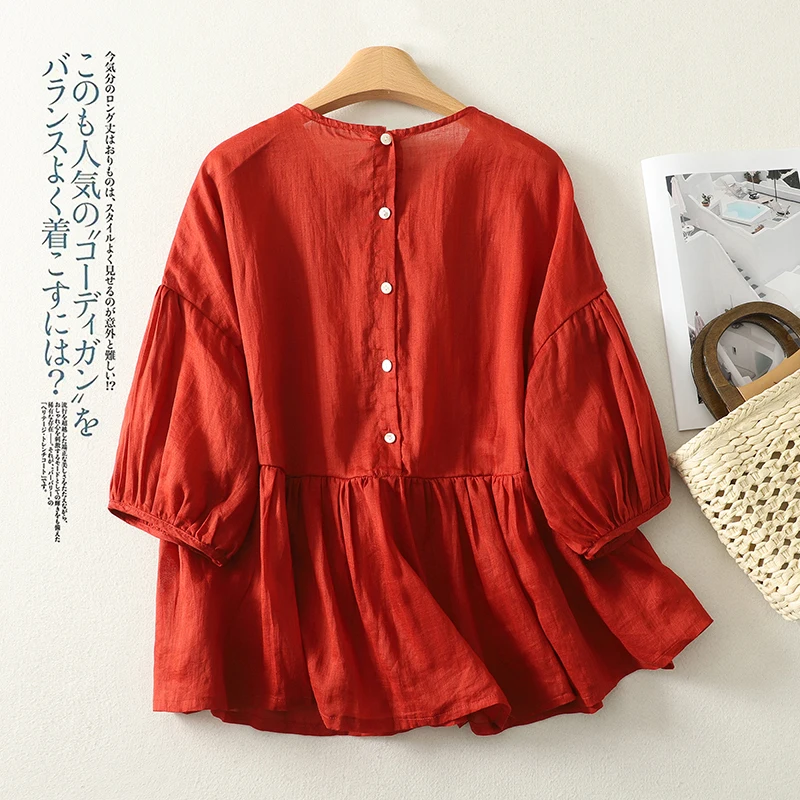 Summer New Sweet Single Breasted Cotton Linen Blouse Women Chinese Style O Neck Half Sleeve Loose Shirts Draped Thin Tops
Summer New Sweet Single Breasted Cotton Linen Blouse Women Chinese Style O Neck Half Sleeve Loose Shirts Draped Thin Tops