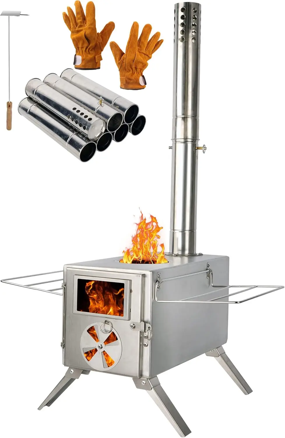 Portable Wood Burning Stove for Camping Tents, Stainless Steel Heating and Cooking Stove with Chimney Pipes for Outdoor Shelter
Portable Wood Burning Stove for Camping Tents, Stainless Steel Heating and Cooking Stove with Chimney Pipes for Outdoor Shelter