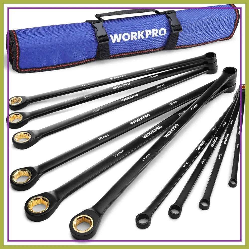 Extra Long Ratcheting Wrench Set, 10-Piece Double Box Wrenches, Metric 8-19 mm, 72-Teeth, Cr-V Steel, Rolling Pouch
Extra Long Ratcheting Wrench Set, 10-Piece Double Box Wrenches, Metric 8-19 mm, 72-Teeth, Cr-V Steel, Rolling Pouch