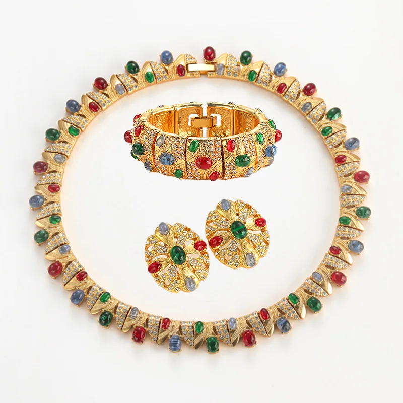 Vintage Colorful Natural Stone Jewelry Sets Gold Color Rhinestone Necklace Bracelet Stud Earring Luxury Designer For Women Party
Vintage Colorful Natural Stone Jewelry Sets Gold Color Rhinestone Necklace Bracelet Stud Earring Luxury Designer For Women Party