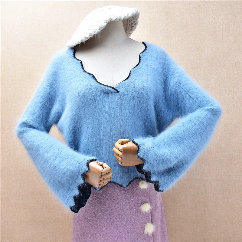 Ladies Women Autumn Winter Clothing Blue Hairy Angora Rabbit Hair Knitted Crop Top Short Style V-Neck Loose Pullover Sweater Top
Ladies Women Autumn Winter Clothing Blue Hairy Angora Rabbit Hair Knitted Crop Top Short Style V-Neck Loose Pullover Sweater Top
