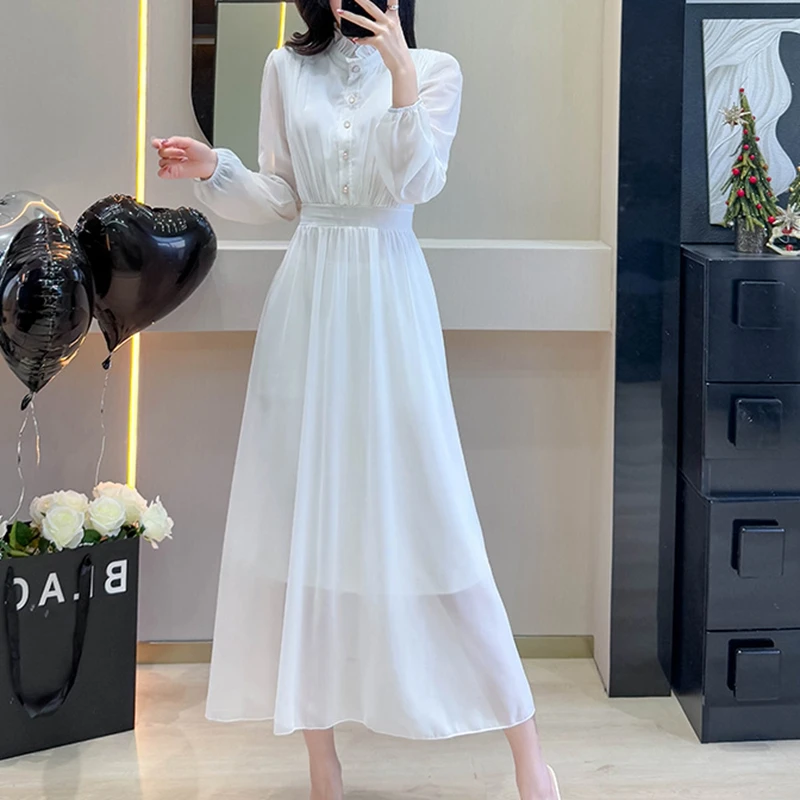 Spring/Summer Chiffon Beach Long Dress Women Fashion Ruffle Stand Collar Long Sleeve Party Shirt Dress Maxi Robe
Spring/Summer Chiffon Beach Long Dress Women Fashion Ruffle Stand Collar Long Sleeve Party Shirt Dress Maxi Robe