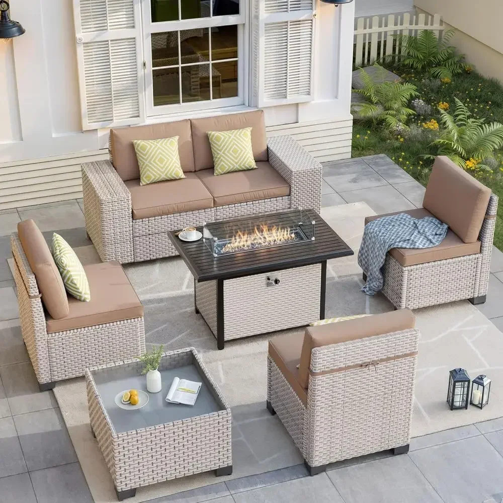7-Piece Outdoor Patio Furniture Set with Fire Pit, Sectional Sofa with Glass Coffee Table, Wicker Couch in Khaki
7-Piece Outdoor Patio Furniture Set with Fire Pit, Sectional Sofa with Glass Coffee Table, Wicker Couch in Khaki