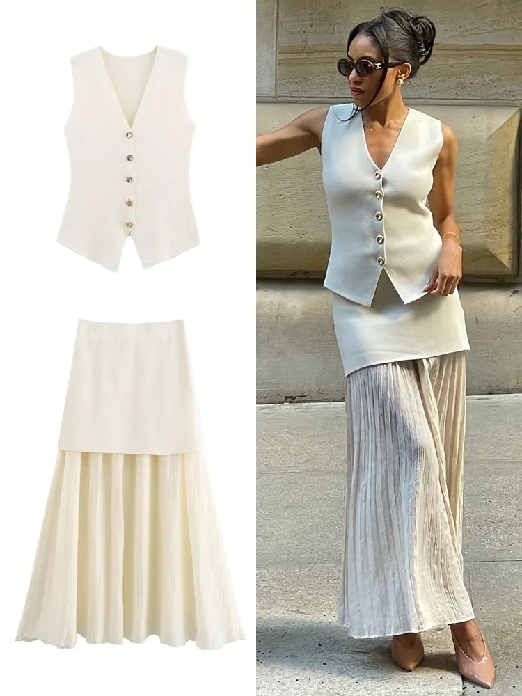 TRAFZA Women Fashion Knitted Vest Skirts Sets Single-Breasted V Neck Vests Tops Folded Splicing Midi Skirt Office Lady Suits
TRAFZA Women Fashion Knitted Vest Skirts Sets Single-Breasted V Neck Vests Tops Folded Splicing Midi Skirt Office Lady Suits