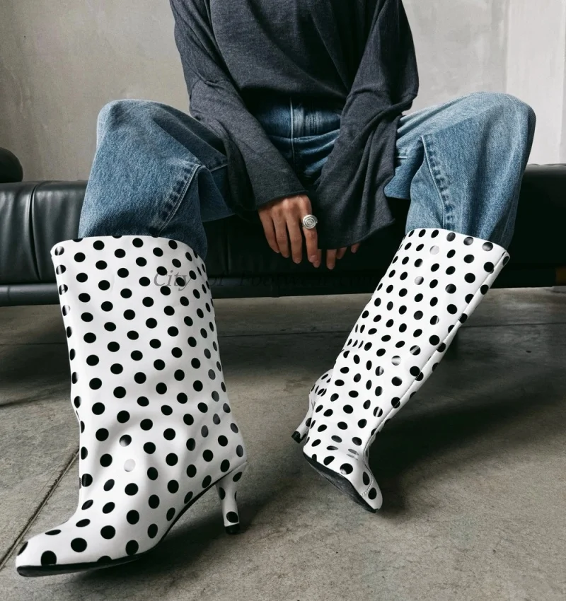 Black and White Polka Dots mid calf boots Women's leather high heels pull on booties luxury designer chic causal dress shoes
Black and White Polka Dots mid calf boots Women's leather high heels pull on booties luxury designer chic causal dress shoes