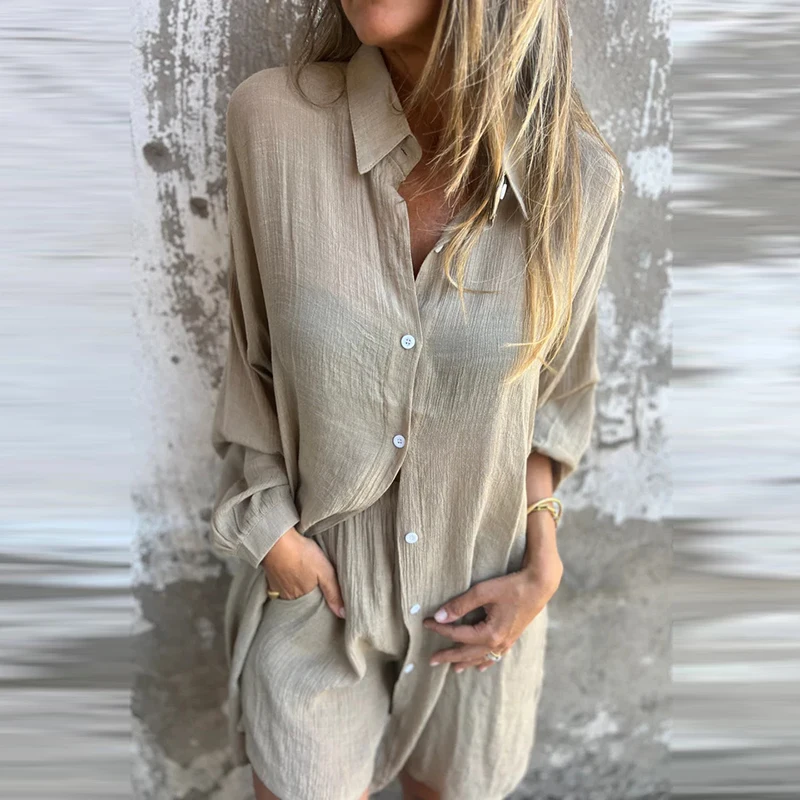 Casual Button Shirt and Shorts Women's Suit Simple Multi-color Long Sleeved Loose Outfits 2025 Spring Summer Beach Two Piece Set
Casual Button Shirt and Shorts Women's Suit Simple Multi-color Long Sleeved Loose Outfits 2025 Spring Summer Beach Two Piece Set